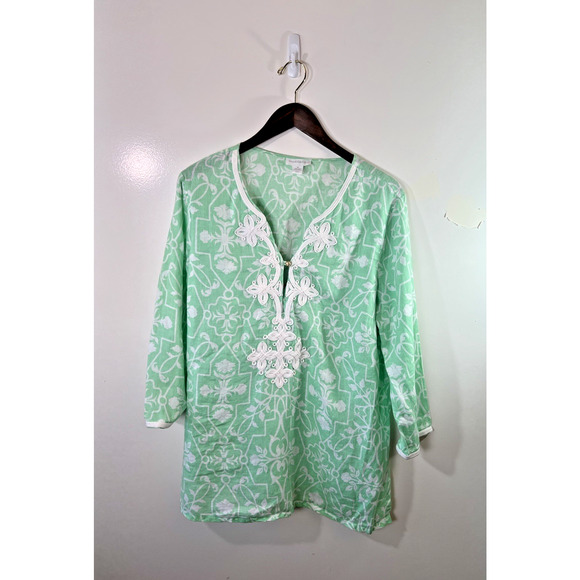 Women’s Embroidered Linen Tunic Size XL Green White California Beachy Resortcore - Picture 2 of 9